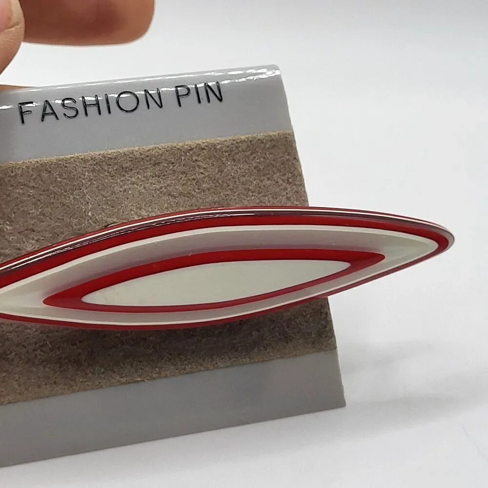 Vintage Red 80s Mod Deco Brooch Striped 3in